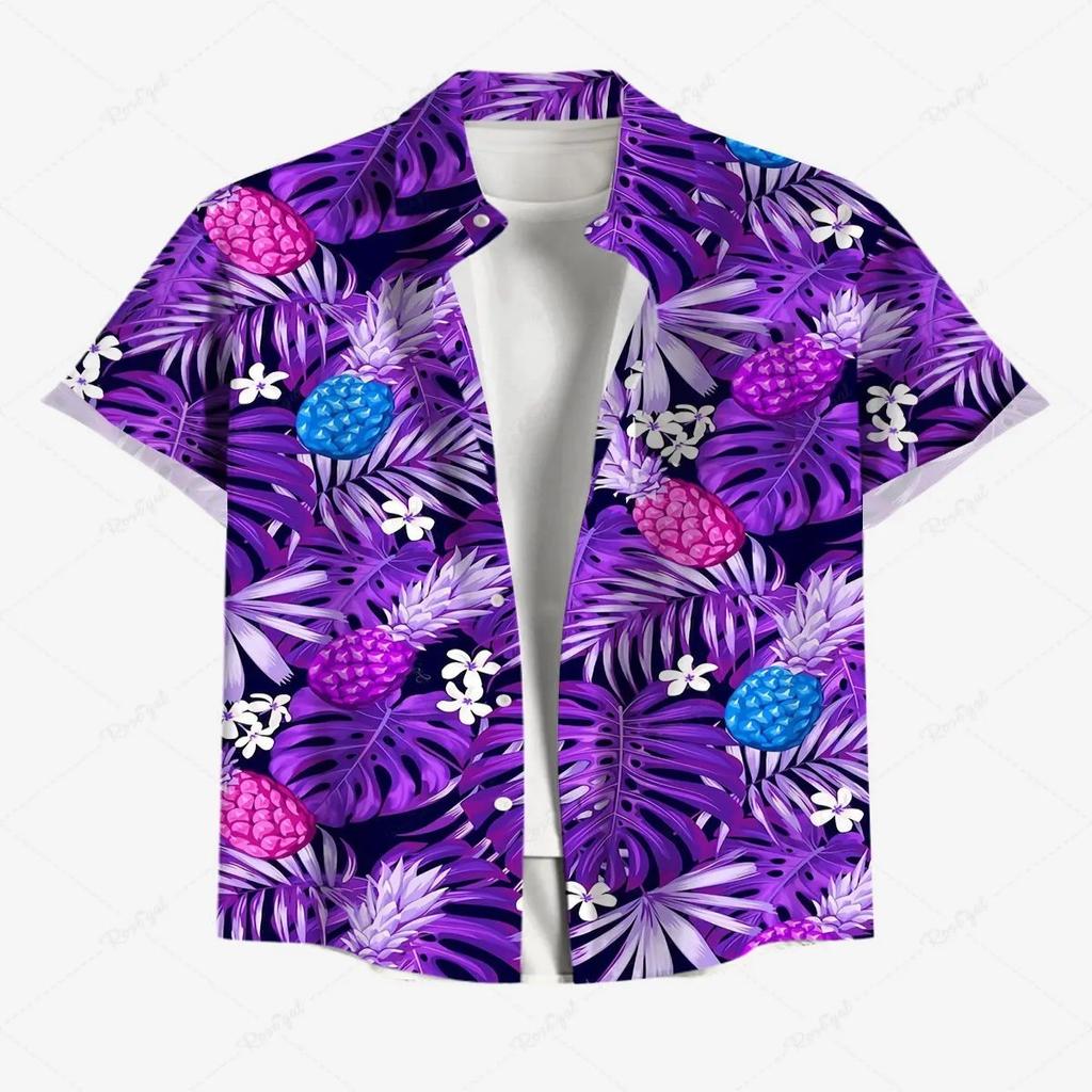 Vacation Style Coconut Tree Printed Short Sleeve Shirt, Loose Lapel Fake Two-Piece Design, Casual Breathable Outfit for Daily Wear and Beach Trips