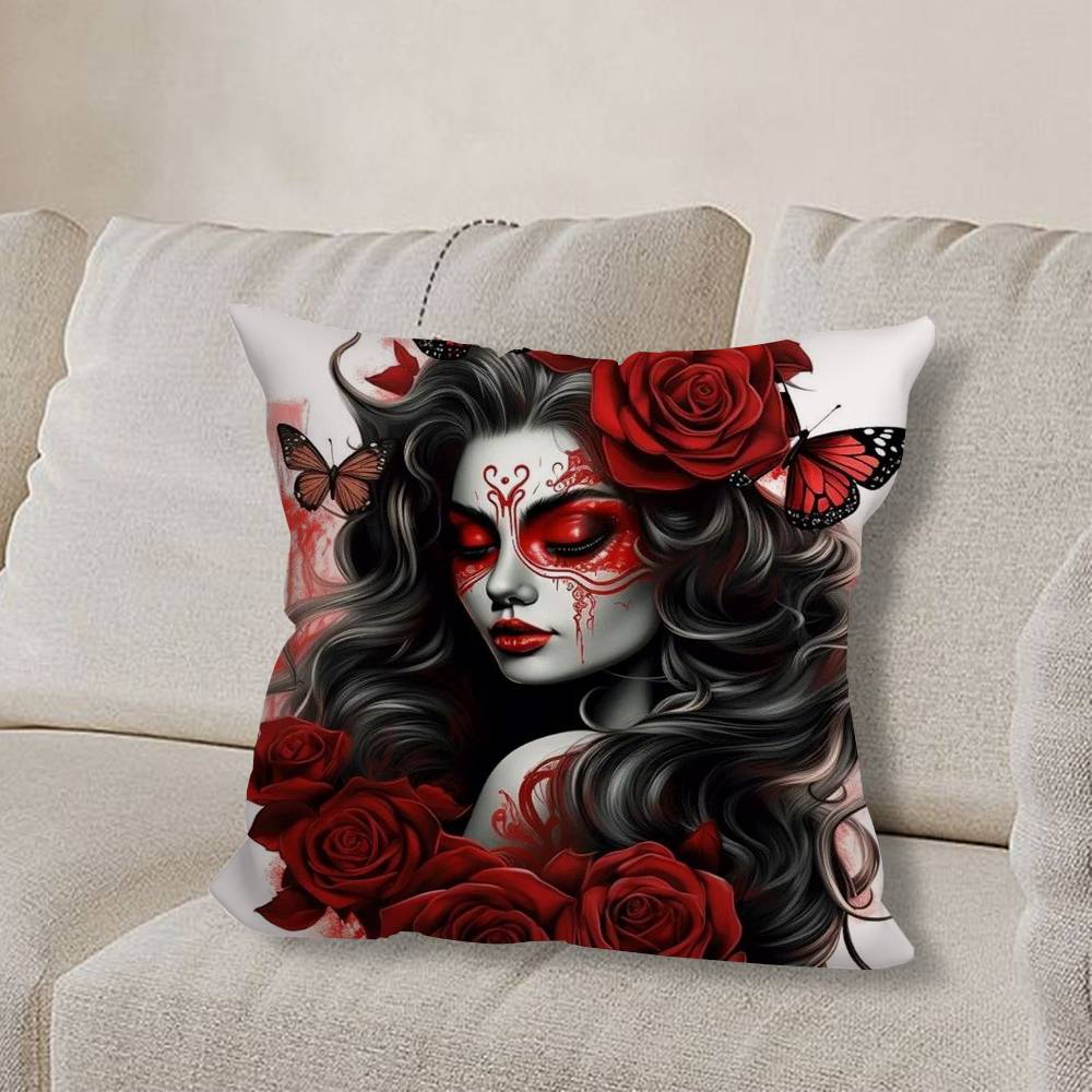 S-Skull Girl Catrina R-RoseS Pillow Case Pillow Case Living Room Sofa Cushion Cover Suitable For Home Bedroom Room Decoration