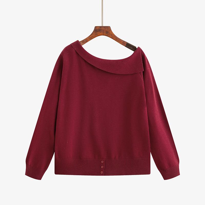

Women s Plus Size Irregular Slanted Neck Sweater - Winter 2025 Casual Knitwear (Style 23708) XXXL (90-110 kg) вино красного
