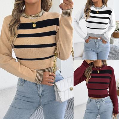 Women S Contrast Striped Long Sleeve Short Sweater Casual