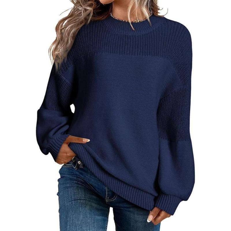 Solid Color Lantern Sleeve Pullover Round Neck Long Sleeve Sweater for Women