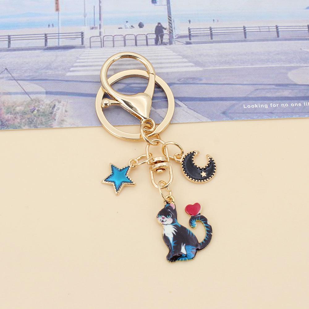 Derpy Moon Cat Keychain Pendant with Star Charm - Cute Kitten Bag Accessory