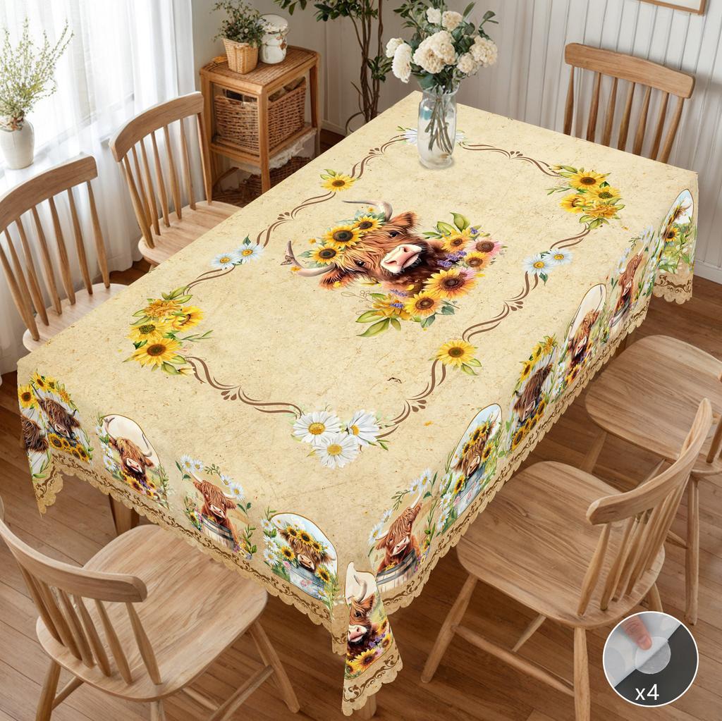 1 Piece of Summer Retro Farmhouse Pastoral Pattern Rectangular Tablecloth, Cow, Flower, Pattern Printed Round Tablecloth, Party Tablecloth, Home Table