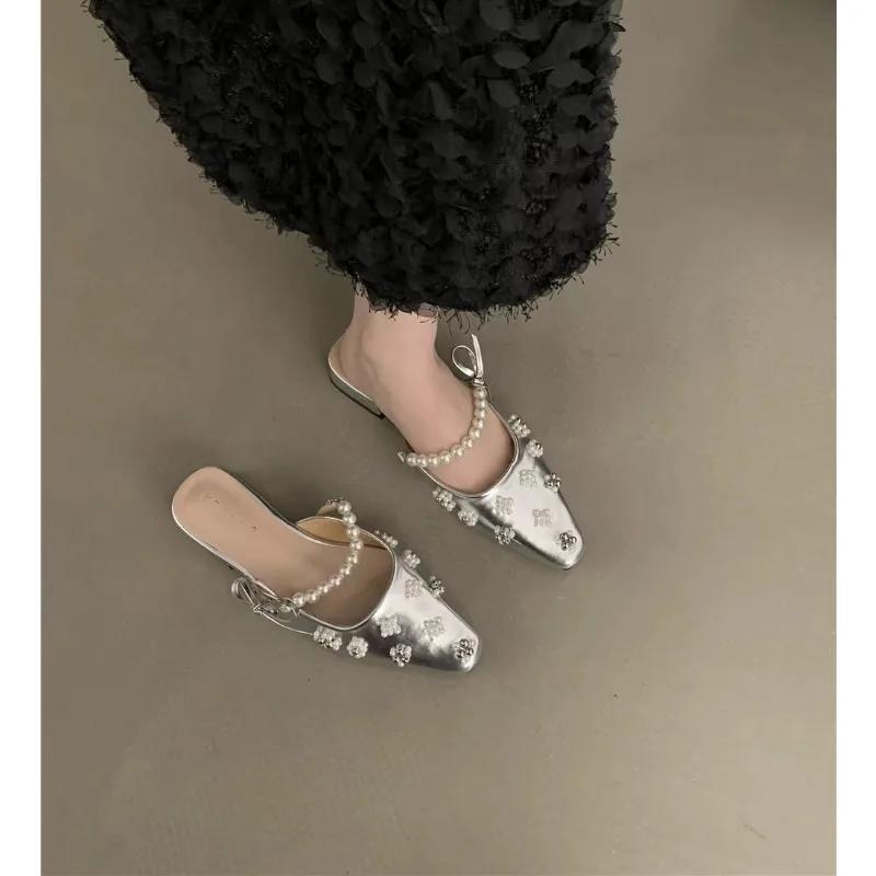 Fashion 2024 New Summer Women Sandals Natural Leather Shoes  Flock+sheepskin Pearl Chain Bow Back Loop Pointed Toe Women Shoes