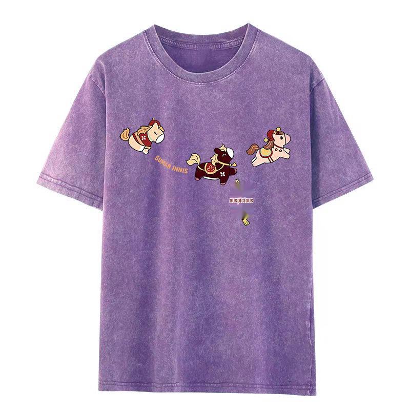 Women s Washed Distressed Cotton Short Sleeve T-shirt - American Retro Street Style L фиолетовый