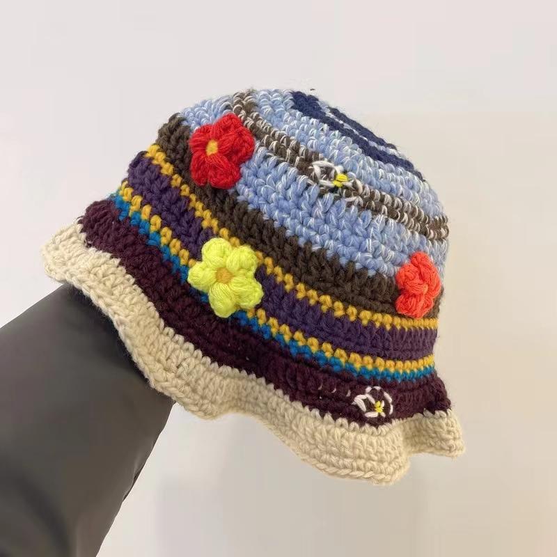 Korean Ins Retro Flower Crochet Bucket Hat For Women Handmade Knitted Hollow Basin Hat Ladies Spring Summer Sunscreen Sun Hat