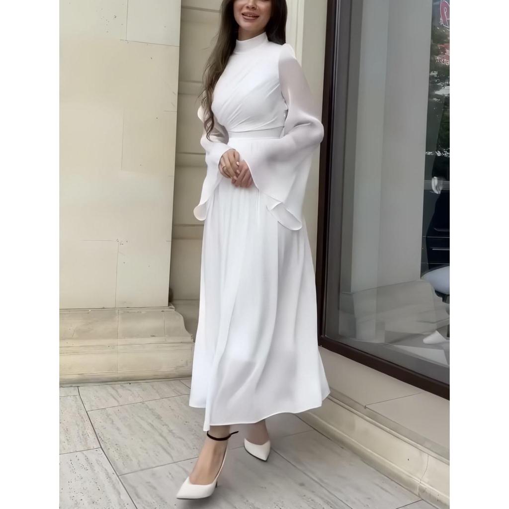 Elegant High Neck Bell Sleeve Mesh Dress - Sexy European & American Style for Women