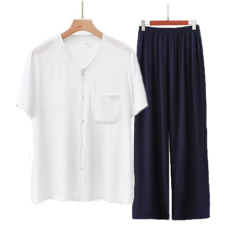 Cardigan manica corta in cotone e seta pigiama da uomo per mezza età e anziani pantaloni estivi sottili in cotone artificiale loungewear da uomo