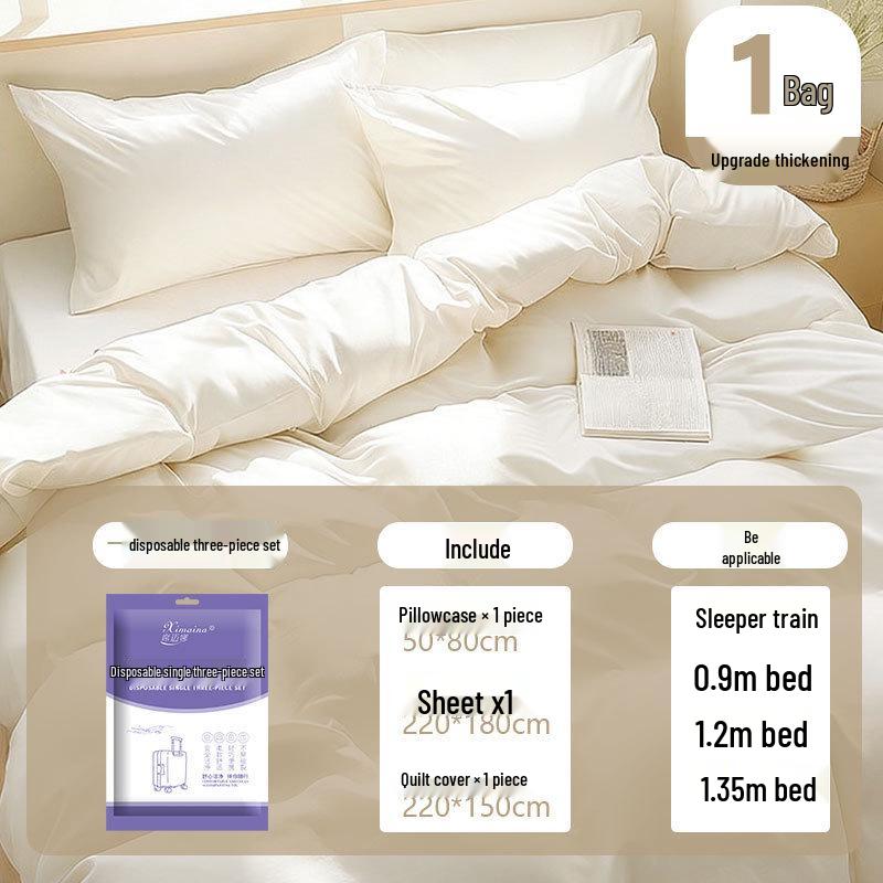 Purple Disposable 4-Piece Non-Woven Bedding Set: Bed Sheet & Duvet Cover for Hotel or Travel. Ideal for Comfortable, Naked Sleeping.
