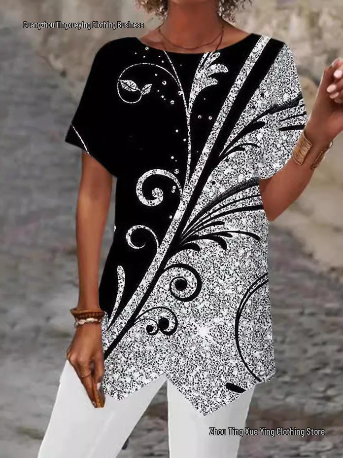 European Geometric Print Loose Short Sleeve Irregular Hem T-shirt