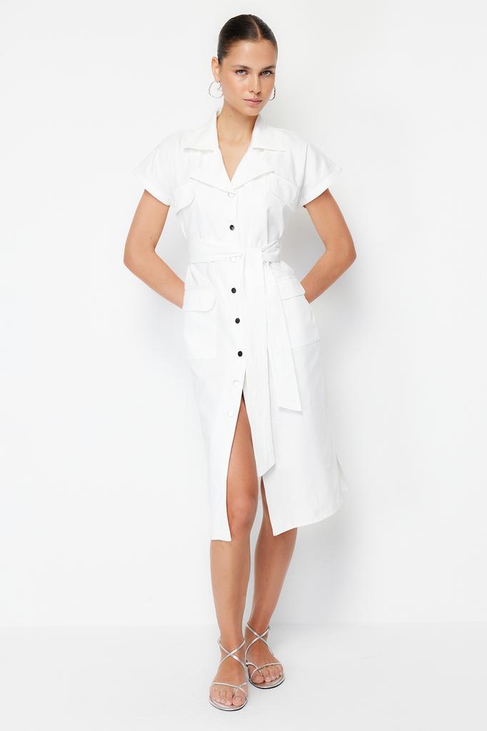 Women's Style Dress Dusty Rose Belted Wide Fit Gabardine Midi Shirt Dress