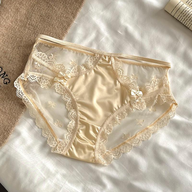 

Ladies New Summer Sexy Lace Hollowed Out Bow Package Hip Mid Waist Triangle Briefs L тілесний