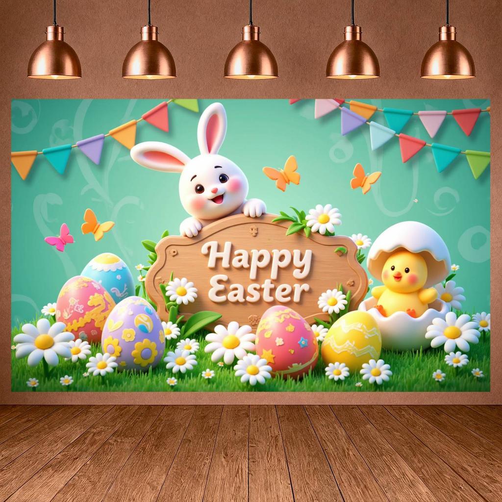 Easter Party Backdrop Colorful Pennants Spring Celebration Background Egg Decor Background Cute Patterns Easter Banner For Photo