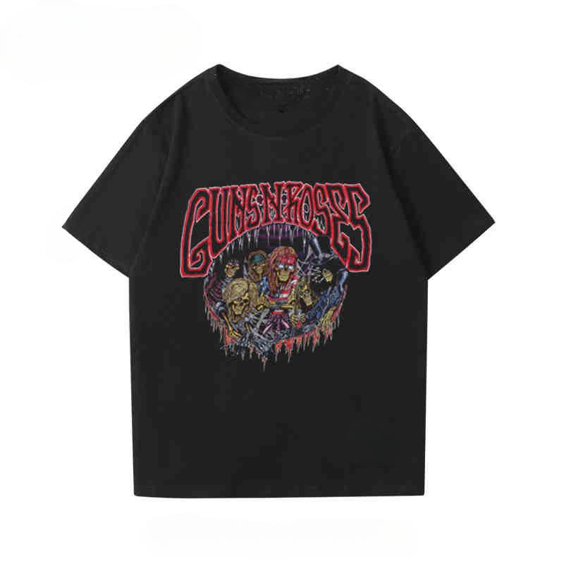 2024 New Fashion Gunsn Rose Men's and Women's Short Sleeve Vintage Rose Print Vintage High Street Loose Casual T-shirt