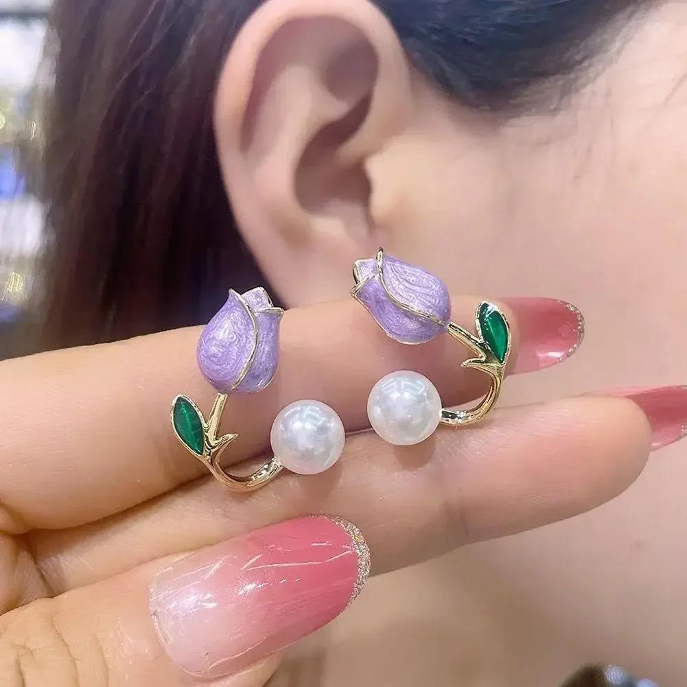 Pink Tulip Imitation Pearl Earrings Rose Flower Two Ways To Wear Ear Studs for Girls Daily Wear Women Ear Piercings Gifts