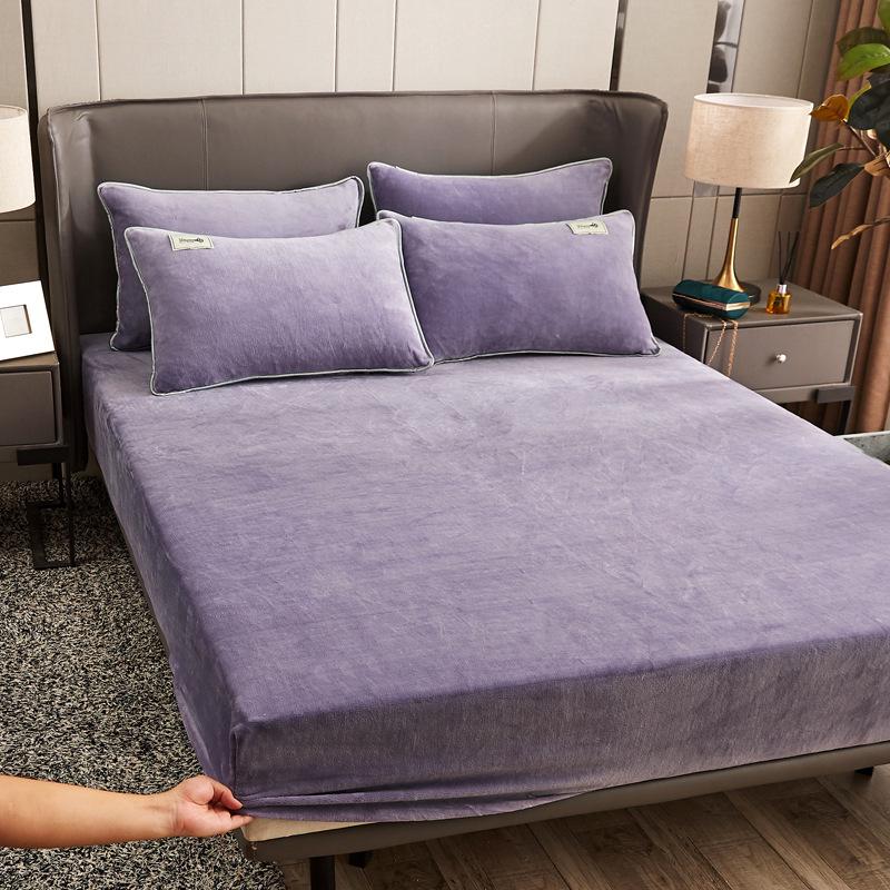 Solid Color Crystal Velvet Fitted Sheet Set - Single Piece Bed Sheet with Mattress Protector