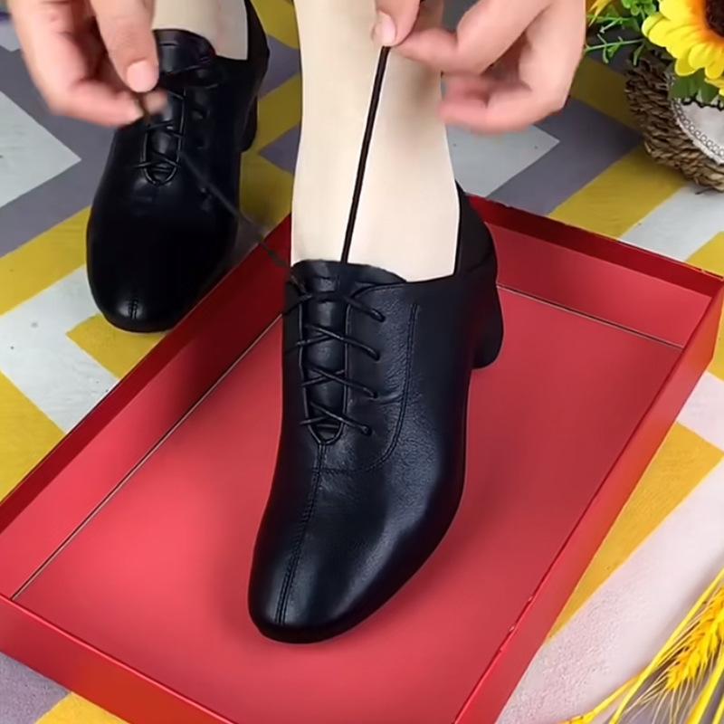 Leather single shoes women's spring and autumn new thick heel medium and low heel women's shoes square head lace-up cowhide black leather shoes