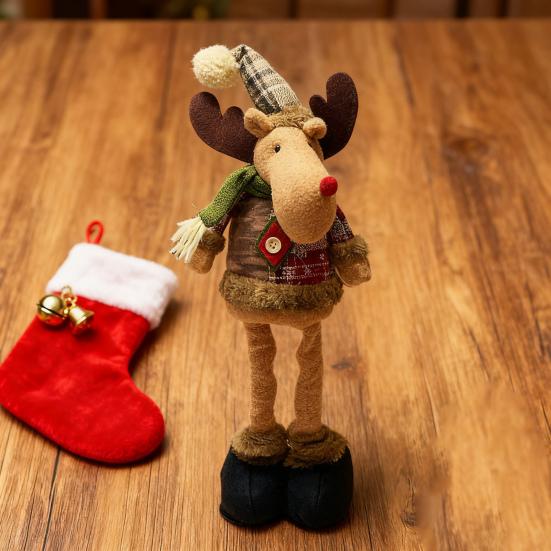 Christmas Plush Doll Plaid Standing Santa Snowman Reindeer Plush Figure with Retractable Legs for Xmas Holiday Party Fireplace Table Decor