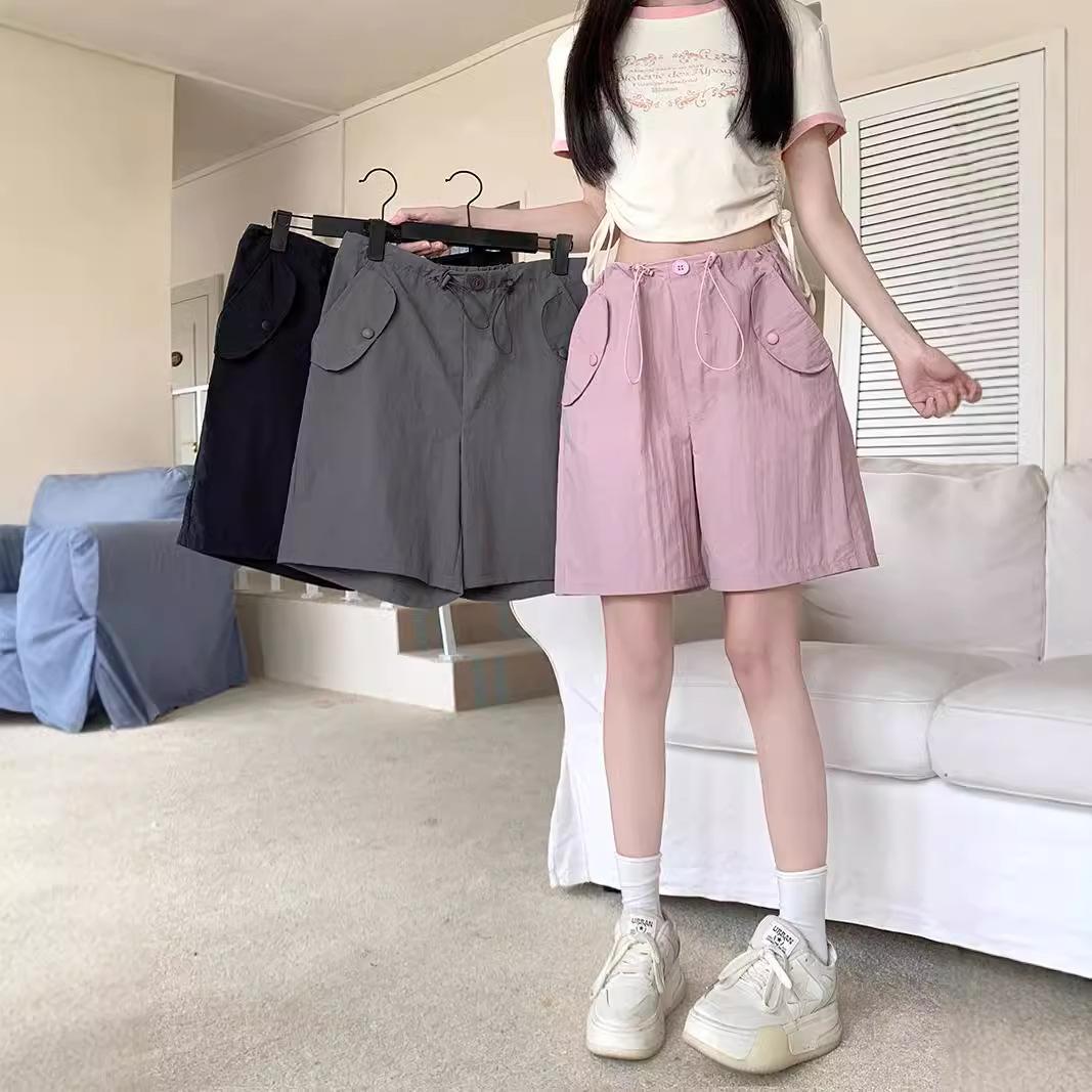 

Pink Work Shorts for Women In Summer Loose Thin American Quick-drying Sweatpants High Waist Wide-leg Casual Five-point Pants S розовый