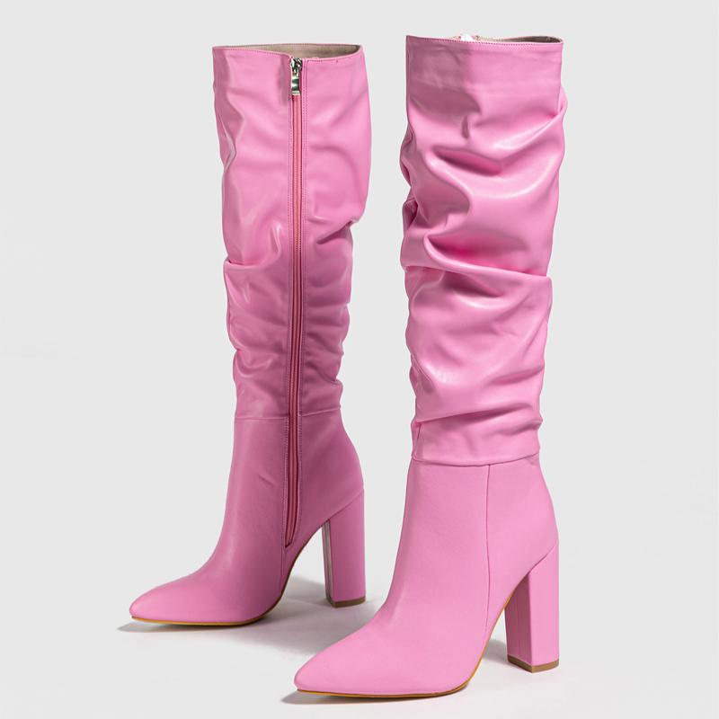 

Зимний Дизайн Плиссированные Сапоги до Колена Женские Остроносые Квадратный Высокий Каблук Ботильоны Обувь Мода Молния Zapatos Mujer 39 розовый