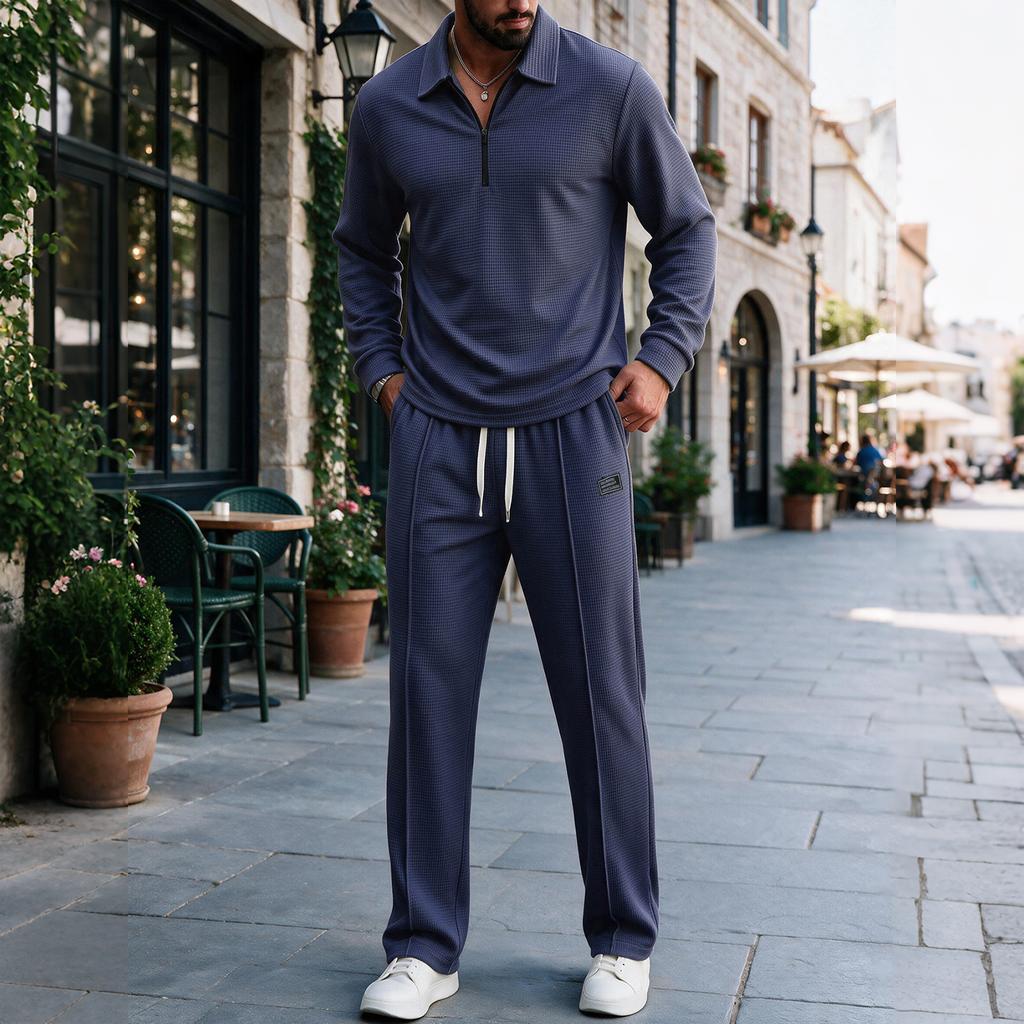 Men's Knit Two Piece Set Color Half Zip Collared Pullover Casual Outfit