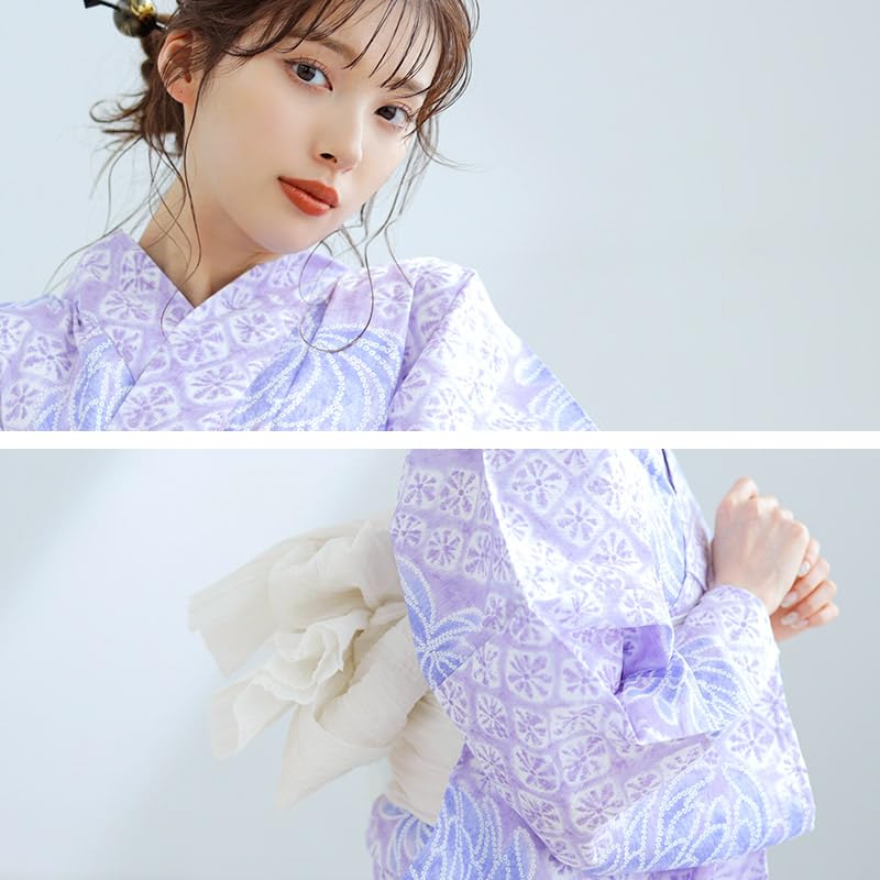(Dita) Women's Yukata 5-Piece Set: Blue, Purple, White, Classic Pattern, Japanese Style, Bold, Modern, Retro, Elegant, Easy to Wear by One Person (2.