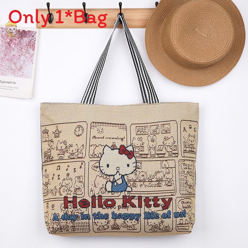 Elephant Hello Kitty Butterfly Embroidered Canvas Tote Bag With Seamed Stitching For Daily Use