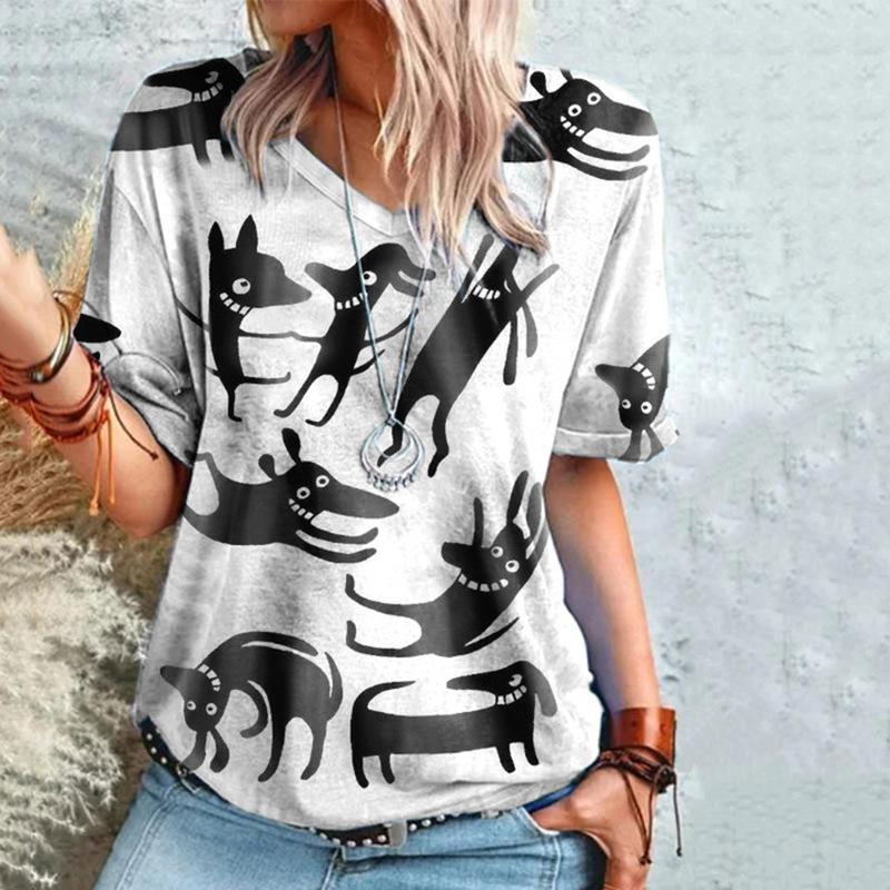 Women's Casual T-shirt Top New V-neck T-shirt Loose Short Sleeved 3D Digital Printed Cat Pattern T-shirt