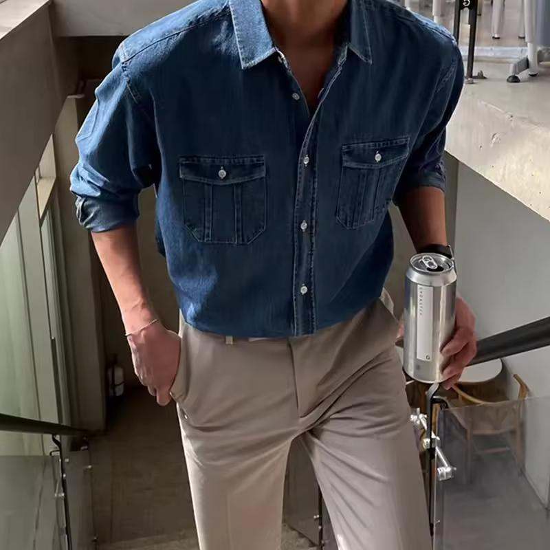 Ανοιξιάτικη Ανδρική Streetwear Τζιν Πουκάμισα Patchwork Τσέπες Μακρυμάνικο Τζιν Πουκάμισο για Άνδρες Vintage Μονόχρωμο Κουμπωτό Τζιν Καρδιγάν