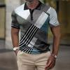 Geometric Grid and Stripe Splicing 3D Digital Printing Men's Comfortable Polo Shirt