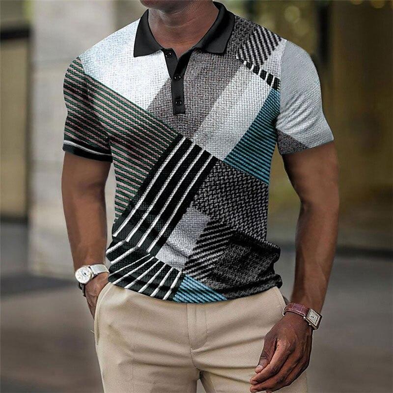 Geometric Grid and Stripe Splicing 3D Digital Printing Men's Comfortable Polo Shirt