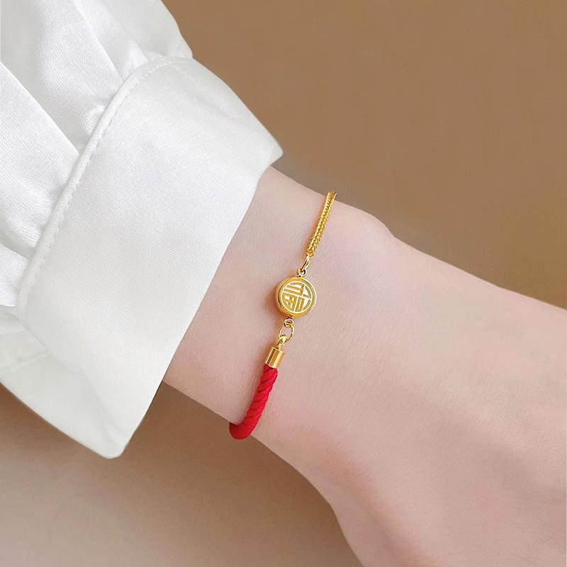 Gold Plated Titanium Steel Lucky Chinese Fu Charm Braided Rope Bracelet Women Fashionable Handmade Wristband