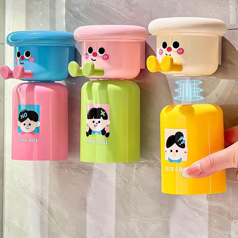 Cute Kids Creative Toothbrushes Holder,Household No Punching Organiser Rack with Cups for Toothpaste Comb,2 In 1 Gargle Cup