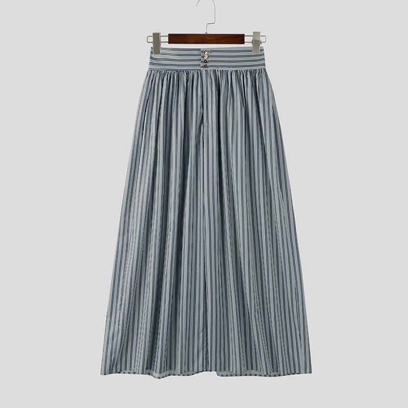 INCERUN Mens Striped Wide Leg Pants High Waist Button Loose Fit Casual Long Trousers