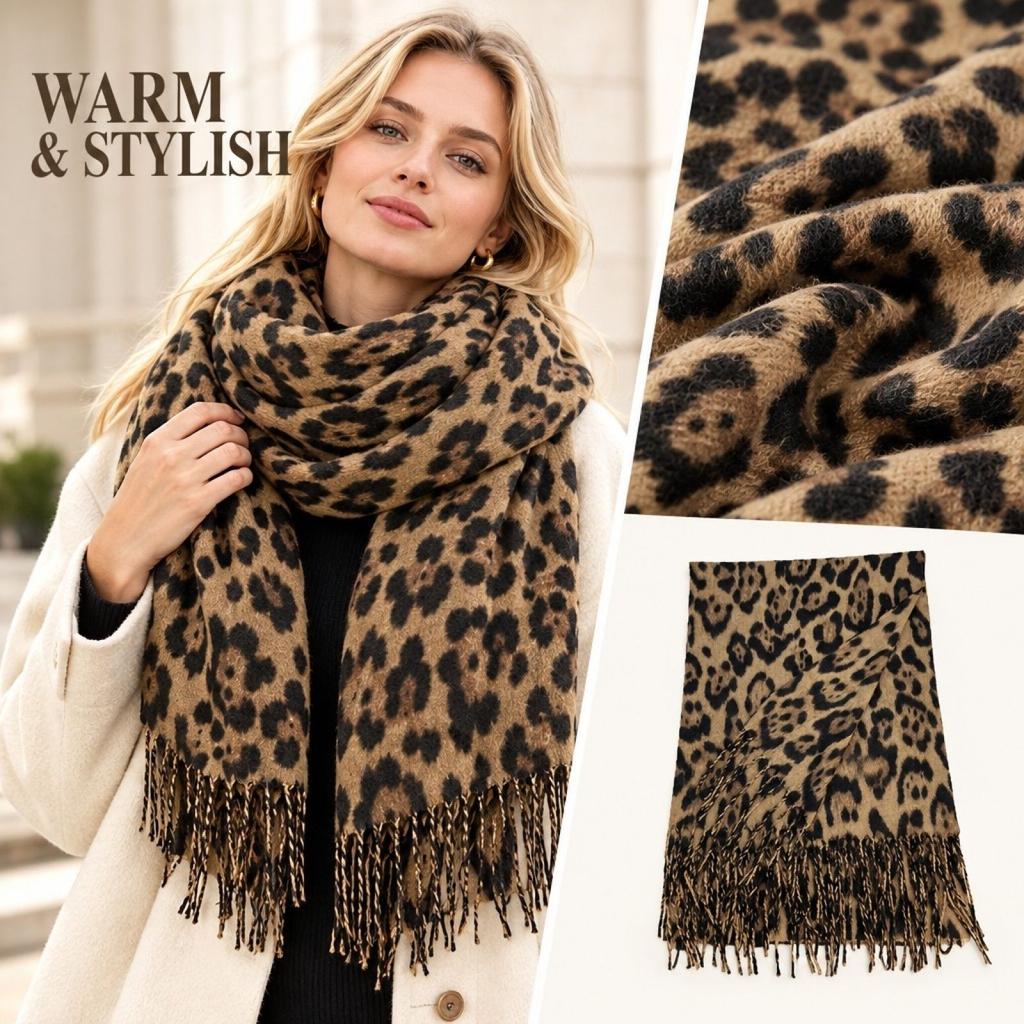 Leopard Print Scarf, Thick Shawl with Tassels, Versatile Warm Winter Neck Wrap