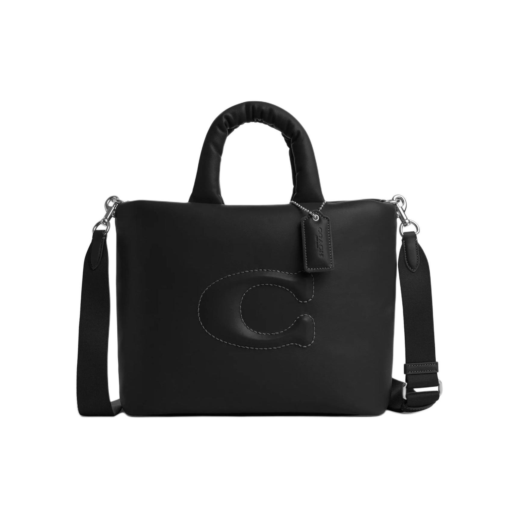 Coach Pillow 34 Large C Logo Zip Closure Smooth Leather Tote Bag Women tote bags Silver Black CP095-SVBK Basic Set (Bag+Dust Bag)