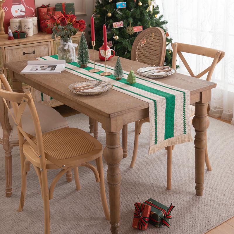 American Cotton Linen Table Runner, Natural Color with Tassels, Stripes, Diamonds, and Plaid Pattern for Dining Table or Sideboard Decoration.