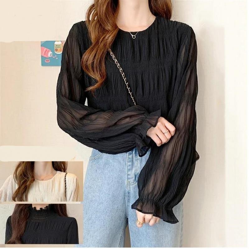Camicia in Chiffon con Maniche Svasate Plissettate Blusa Donna Girocollo Tinta Unita Ampia Versatile Camicia a Maniche Lunghe Top