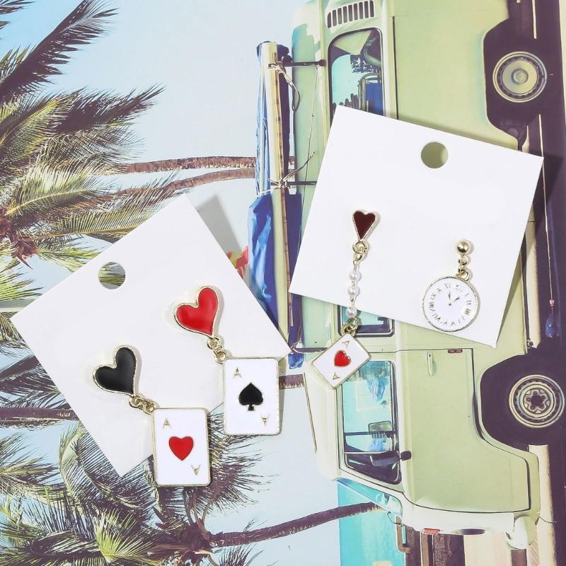2 Pairs Trendy Clock Poker Card Drop Earrings Asymmetric Ear Accessories Stylish Earwear for Festivals and Gatherings