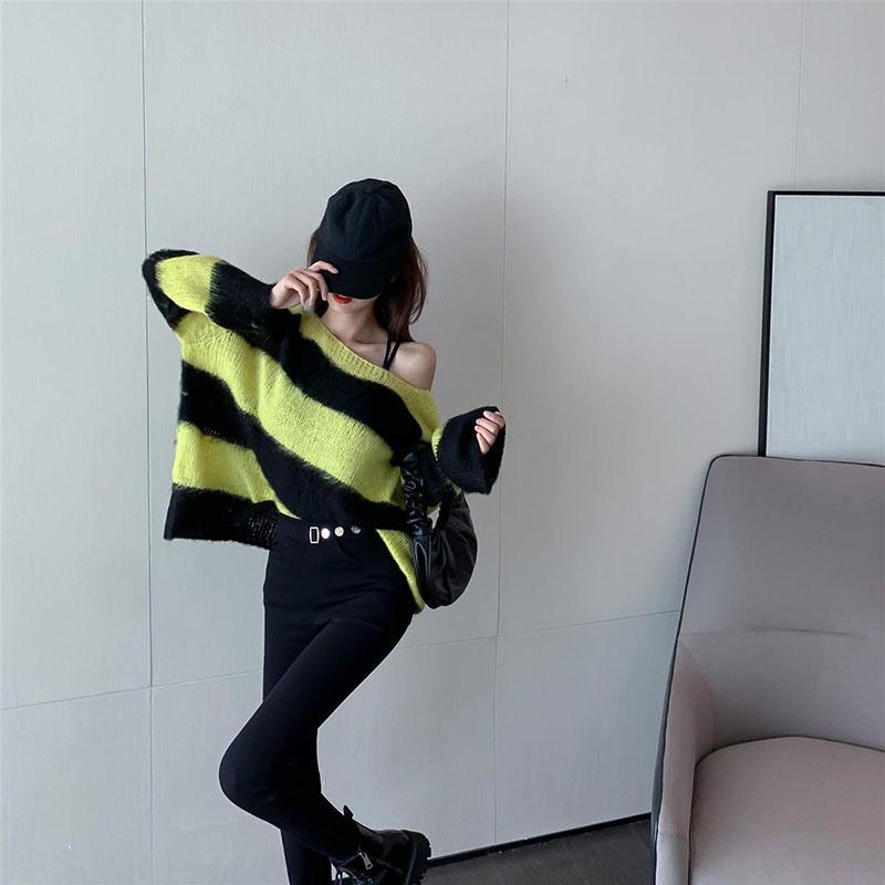 Pullover Off Shoulder Striped Sweater Mode Lockerer und fauler Strickpullover Mantel Damen Langarmshirt Herbst
