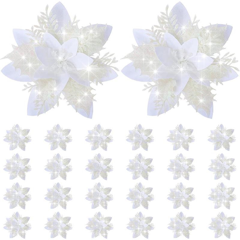 1bag 5pcs Christmas Decorations Glitter Polyester  Artificial Christmas Flowers for Christmas Tree Ornament Party Wreath Decor