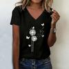 Dandelion with Butterfly T-shirt V Neck Casual Fashion Y2k T Shirts Women Short Sleeve Tee Shirt V-Neck Summer Spring