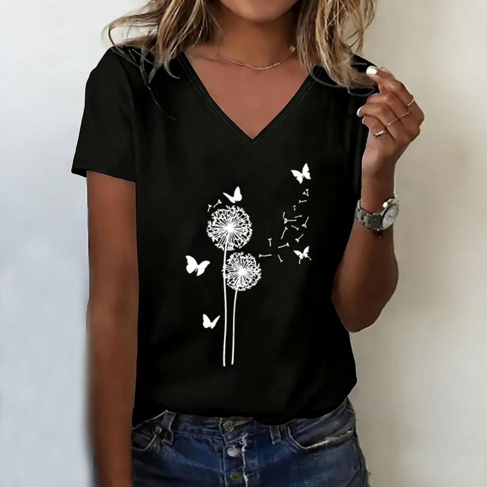 

Dandelion with Butterfly T-shirt V Neck Casual Fashion Y2k T Shirts Women Short Sleeve Tee Shirt V-Neck Summer Spring XL