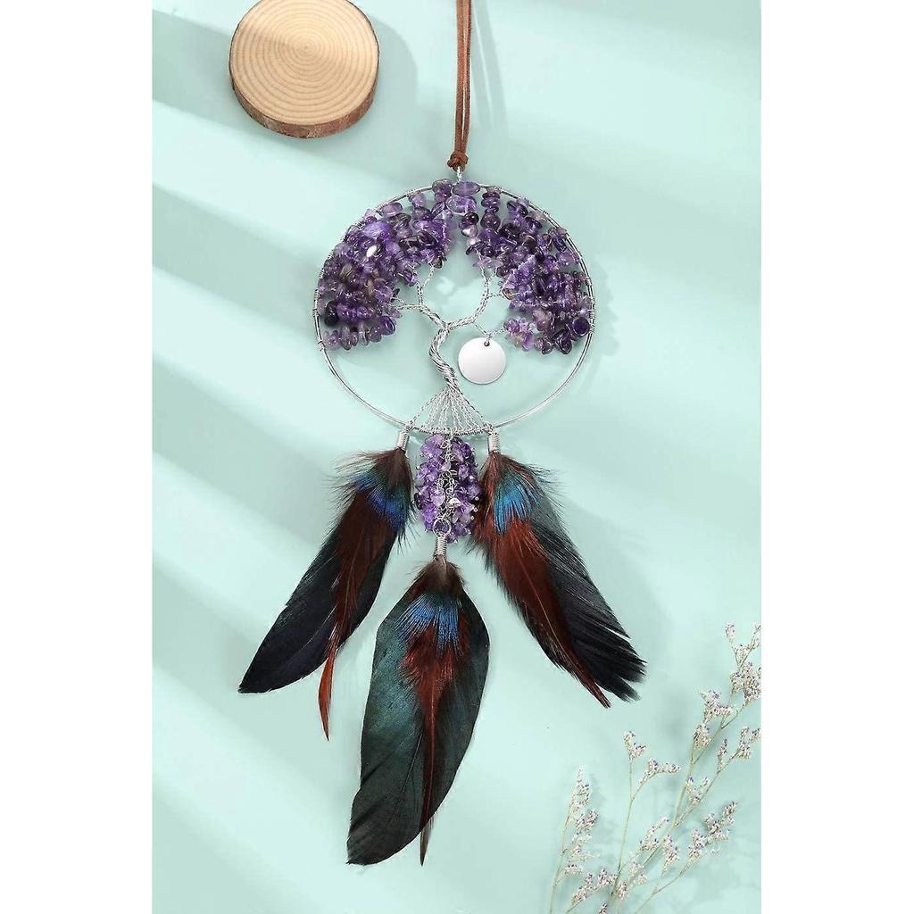 Dream Catcher Tree of Life Hanging Decoration Amethyst Healing Crystals Purple Dreamcatcher