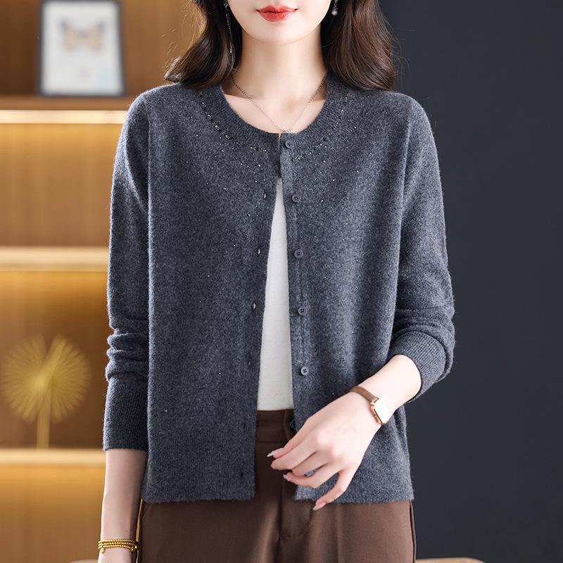 Women's Pure Wool Knit Cardigan - Spring Fashion Casual Round Neck Sweater for Middle-aged Mothers, Autumn/Winter Outerwear