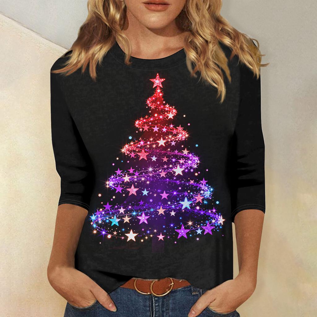 Dames Losse Comfortabele Casual Mode V-Hals Kerstprint Lange Mouw Hoodie