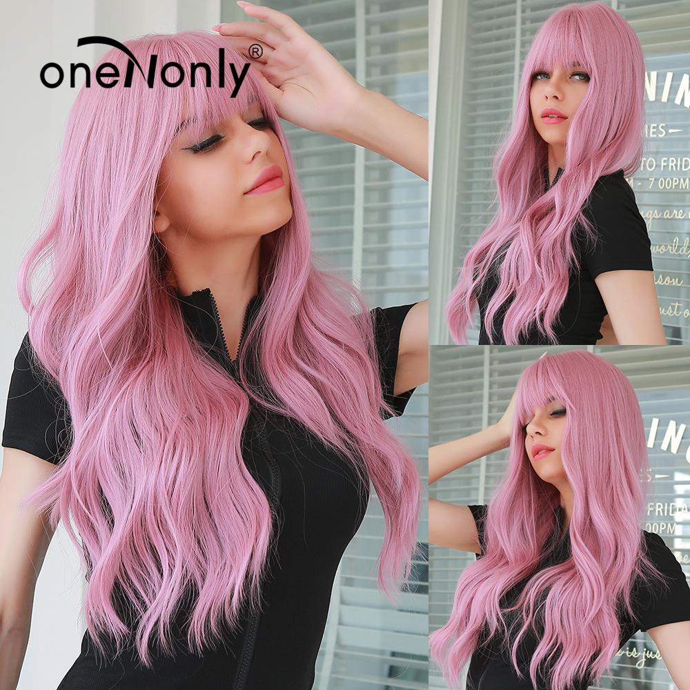 oneNonly Purple Blue Wig with Bangs Long Wavy Cosplay Lolita   Women Wigs  Halloween Party High Temperature Hair