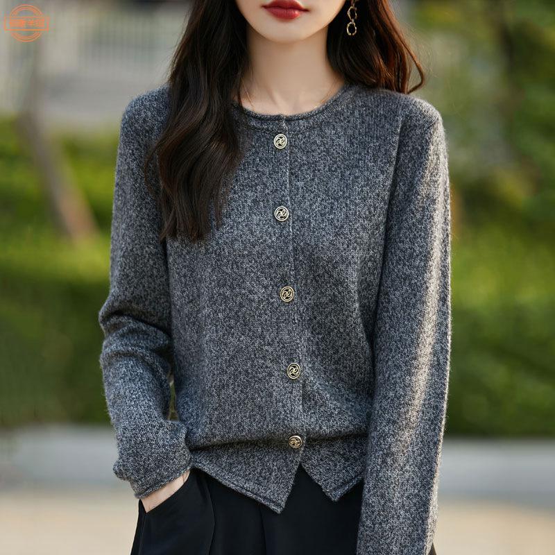Women's Korean Style Round Neck Cashmere Cardigan - 100% Pure Wool, Casual Versatile Flower Yarn Knit Sweater