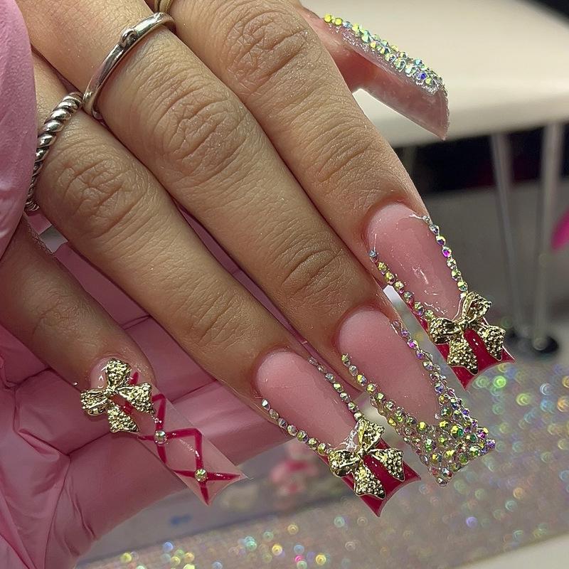 

French Style Wearable Nail Art Tips with Diamond and Gingham Bow Design. Glue