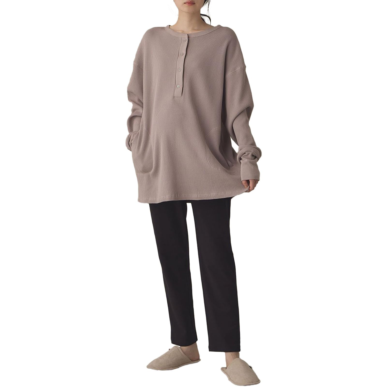 

Пижама для беременных из хлопка с длинным рукавом, термобелье, большие штаны, комплект из верха и низа для беременных женщин LL, розового и коричневого цвета [ANGELIEBE] 100% футболка и